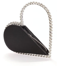 heart shape clutch black bag with diamond rhinestones handle side view