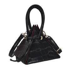black triangle clutch bag with alligator print