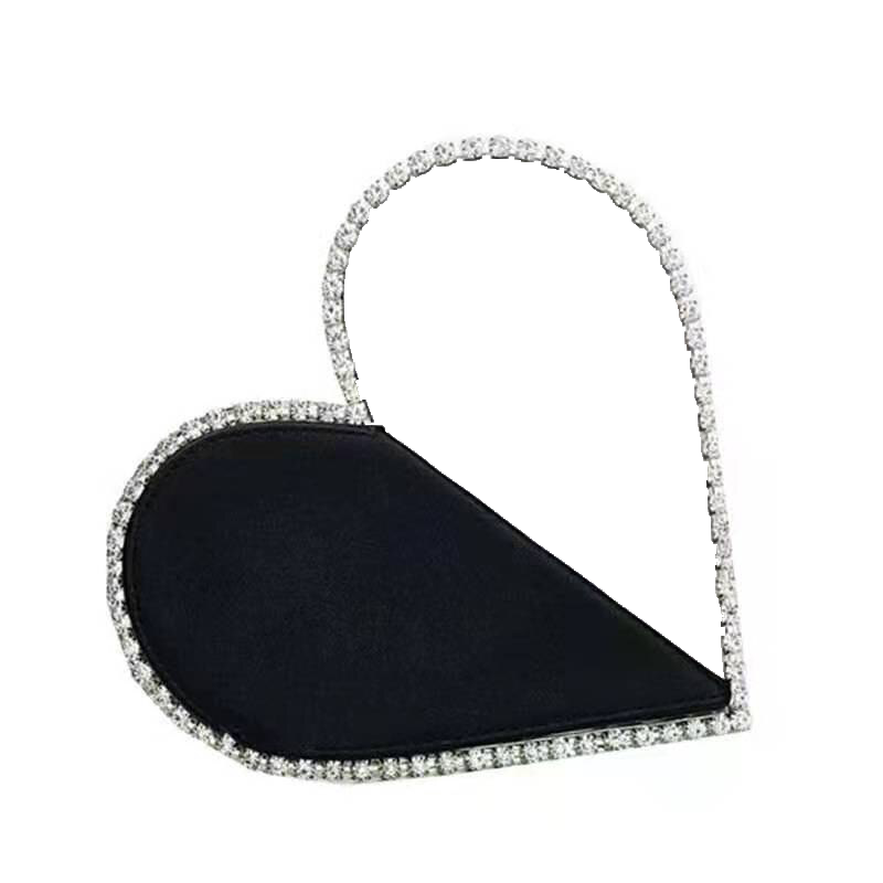 heart shape clutch black bag with diamond rhinestones handle