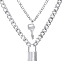 lock and key silver chains layered necklace trendy neckpiece edgability detail view