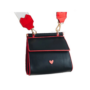 back view of red heart on black shoulder bag edgability