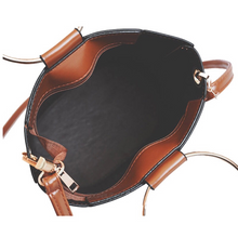 brown bucket bag with ring handle edgability inside view