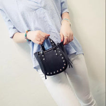 open black bucket bag silver studs model view edgability