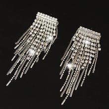 rhinestones crystals metallic silver long drop danglers earrings top view