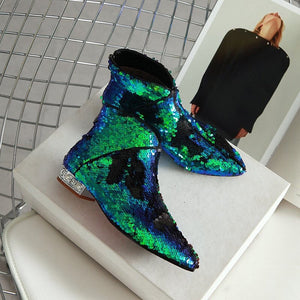 metallic blue green sequins ankle boots edgability top view
