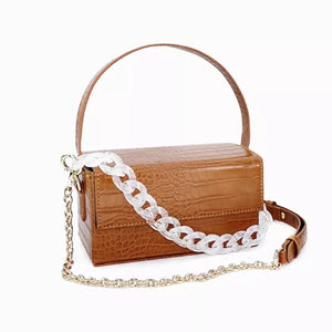 brown croc skin clutch box bag with chain strap edgability front view