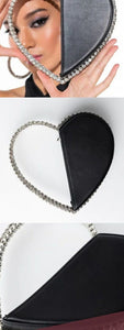 heart shape clutch black bag with diamond rhinestones handle detail view
