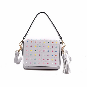 multicoloured studded grey bag with tassles edgability