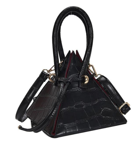black triangle clutch bag with alligator print