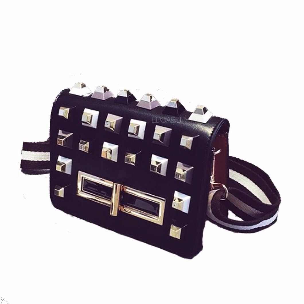 black bag studded bag with multicoloured rivets edgability