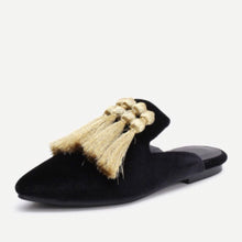 gold tassles on black mules angle view edgability