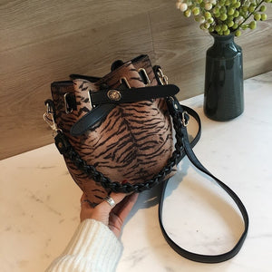 tiger animal print bucket bag drawstring bag edgability front view