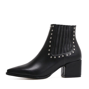 black studded ankle boots with block heel edgability side view