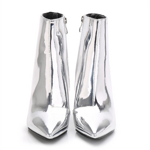 silver booties with block heel edgability front view