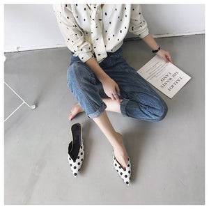 white pumps polkadots shoes with kitten heels edgability model view
