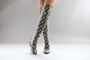 trendy knee high snakeskin grey boots with heels edgability model view