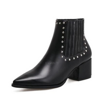 black studded ankle boots with block heel edgability