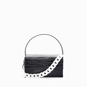 black croc skin clutch box bag with white chain edgability front view