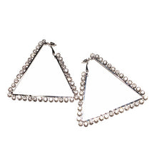 diamond studs crystal studded silver triangle hoops earrings top view