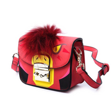red furry animated printed handbag side view edgability