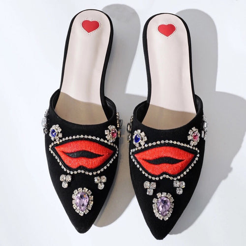black flats with red lips and crystal stones top view edgability
