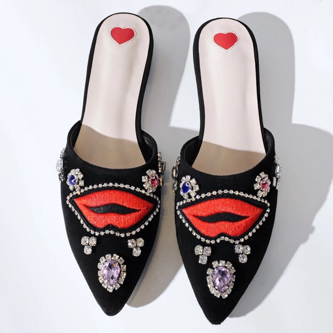 black flats with red lips and crystal stones top view edgability