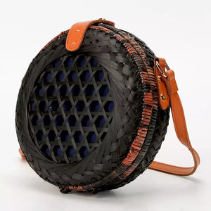 round black rattan bag travel style edgability front view