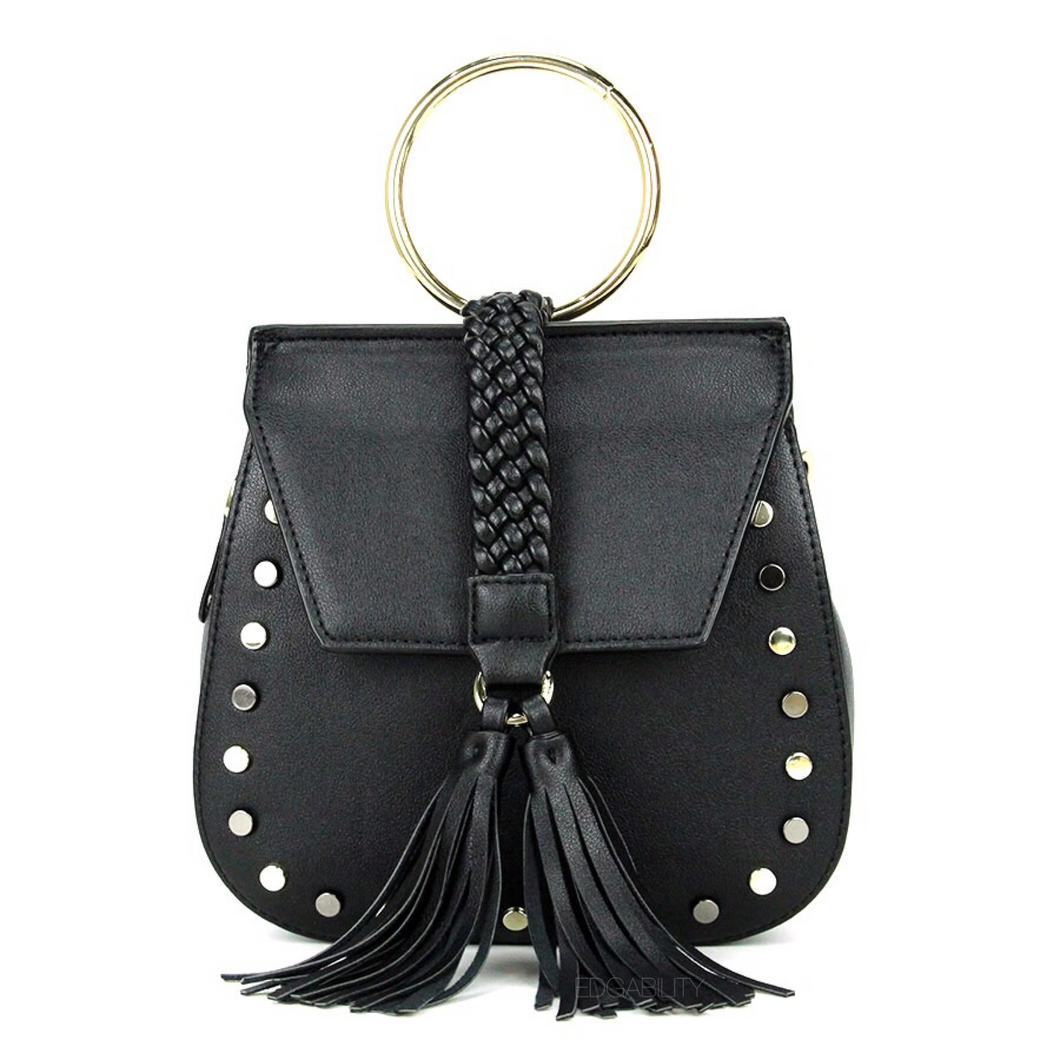 studded black bag with tassels edgability