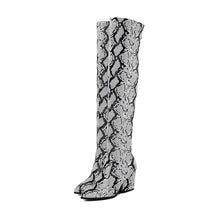 trendy knee high snakeskin grey boots with heels edgability detail view