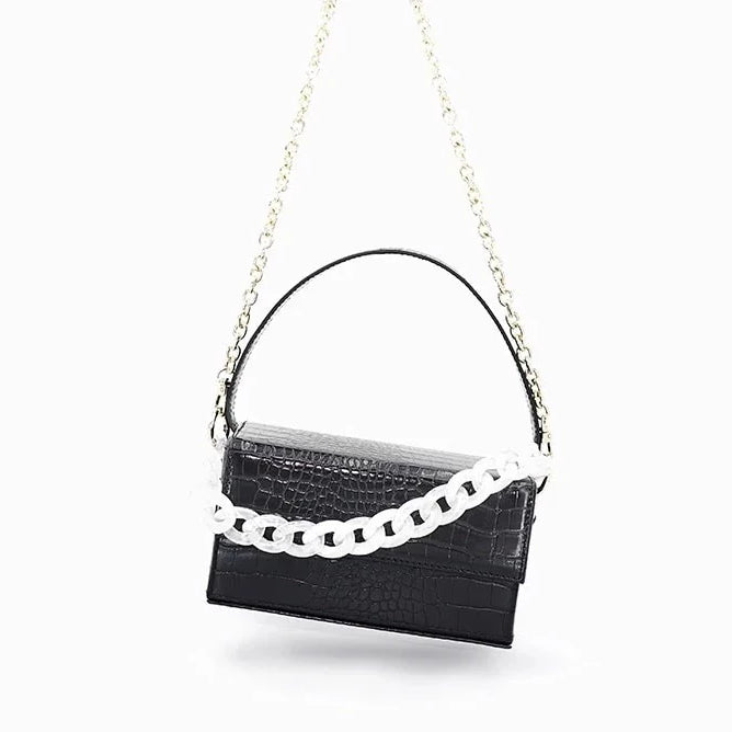 black croc skin clutch box bag with white chain edgability