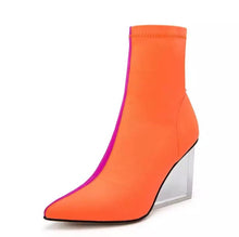 orange pink ankle boots edgy shoes edgability angle view 