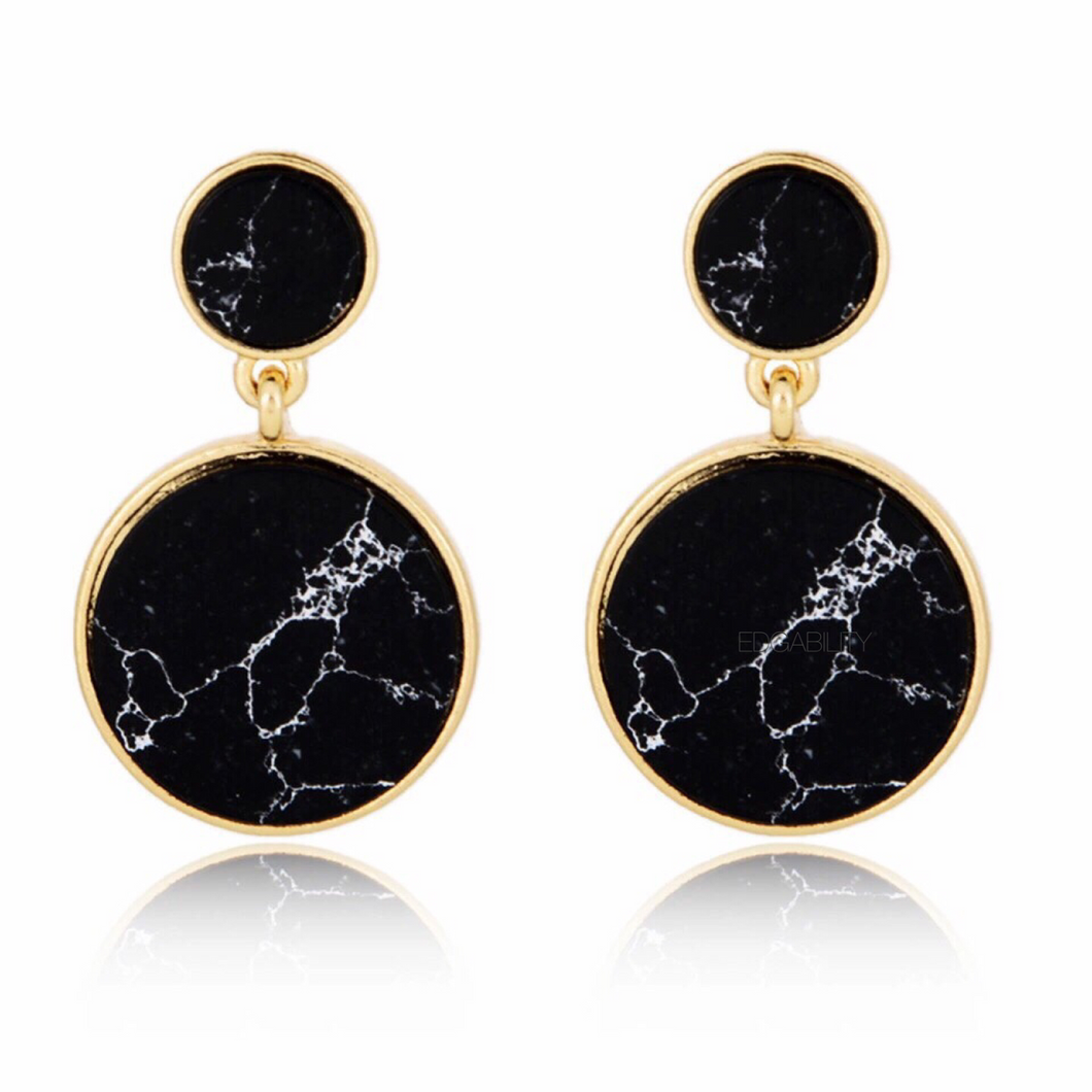 black marble print drop earrings front view edgability