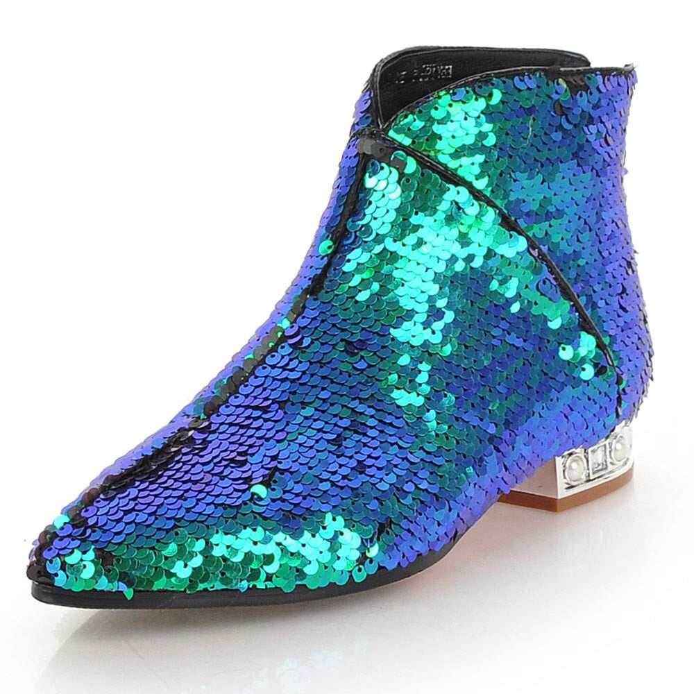 metallic blue green sequins ankle boots edgability