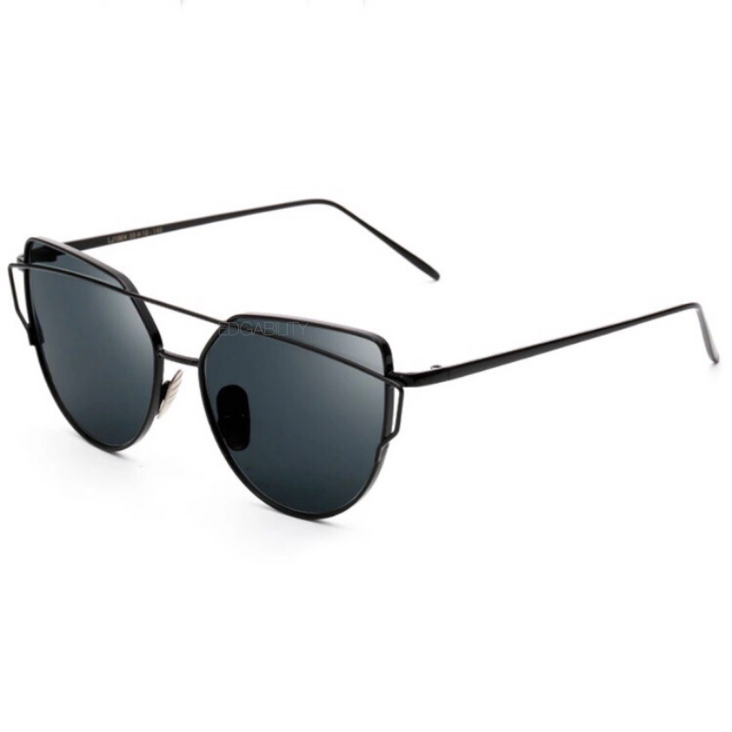 black sunglasses with black double frames angle view edgability