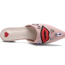 pink flats with red lips and crystal stones front view edgability