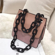 pink monotoned bag with black chain straps handle edgability top view