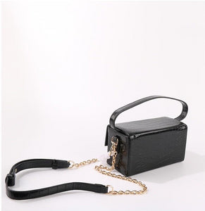 black croc skin clutch box bag with white chain edgability back view