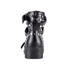 studded black ankle boots with buckles edgability back view