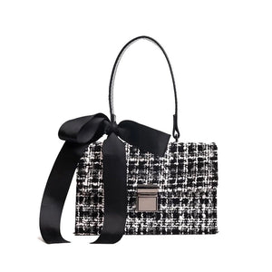black and white tweed bag sling bag with bow edgability