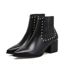 black studded ankle boots with block heel edgability angle view