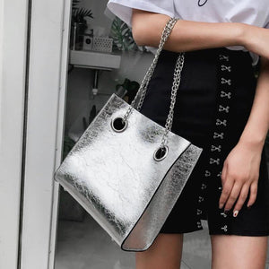 silver bag sling bag edgy fashion edgability model view