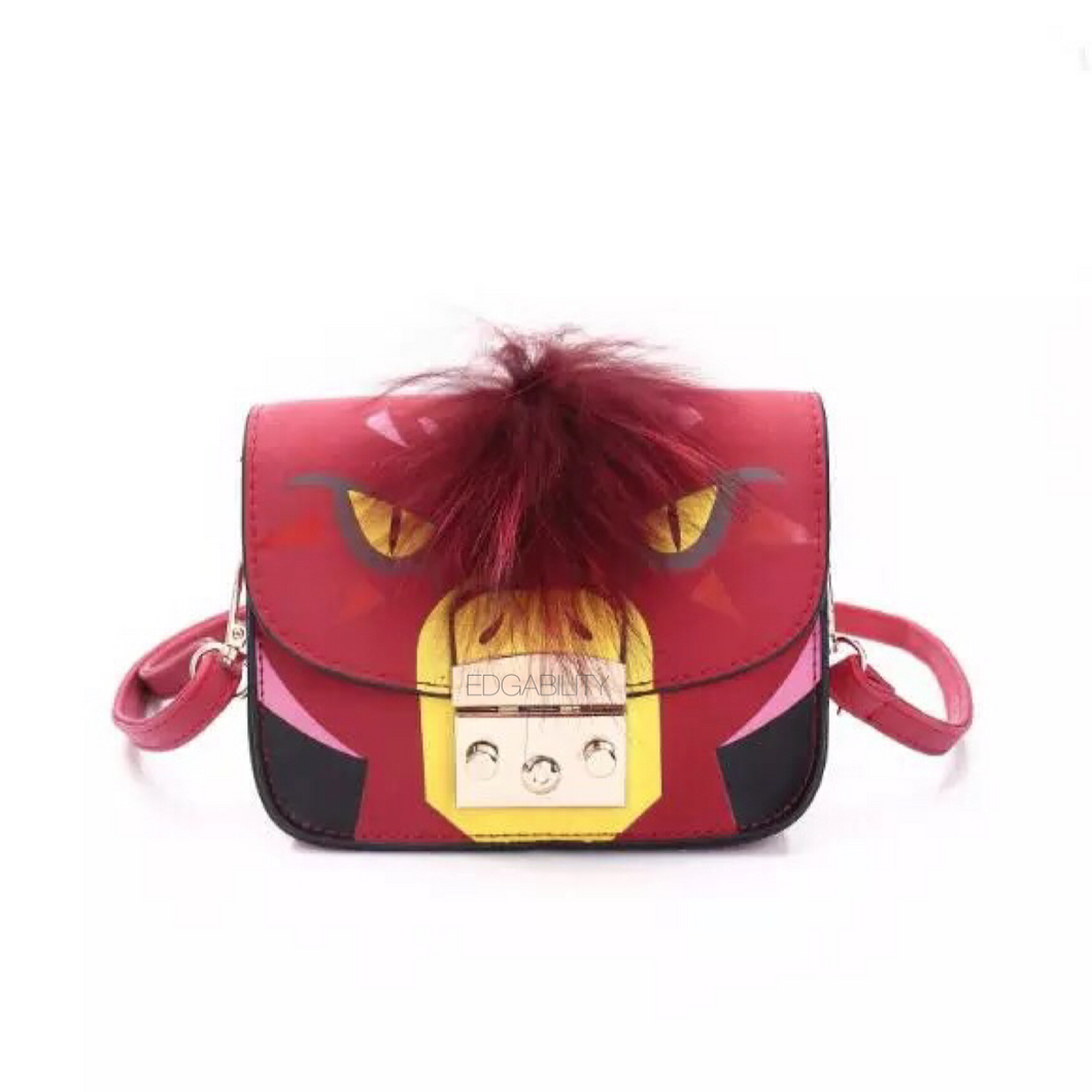 red furry animated printed handbag front view edgability