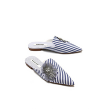 striped blue mules crystal flower angle view edgability