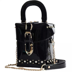 patent leather black bag box bag sling bag studded bag edgability side view