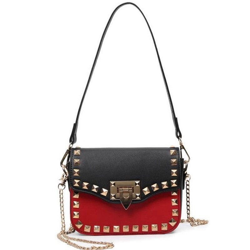 gold studded black red hand bag edgability