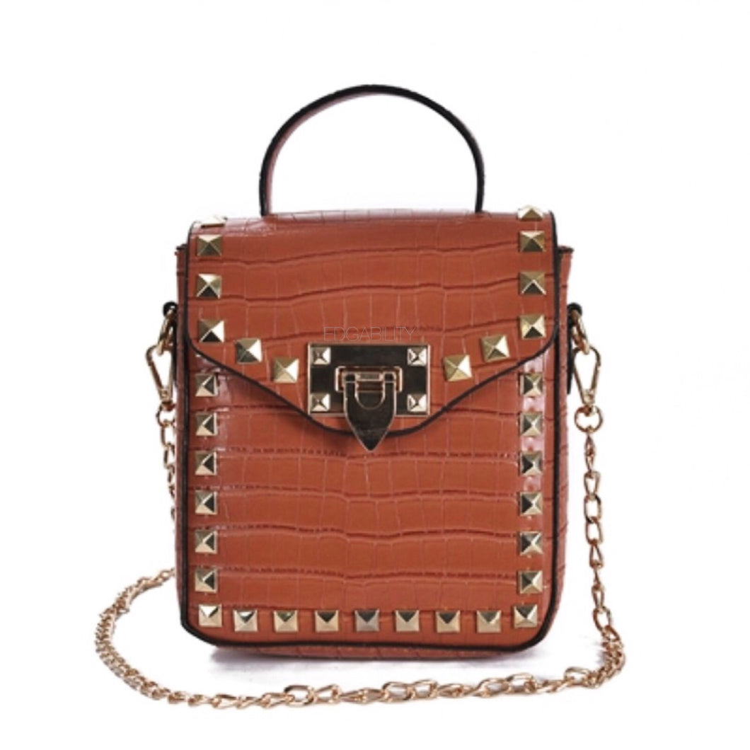 brown croc skin studded bag with handle Edgability