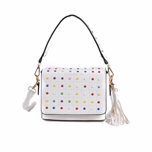 multicoloured studded white bag with tassles edgability