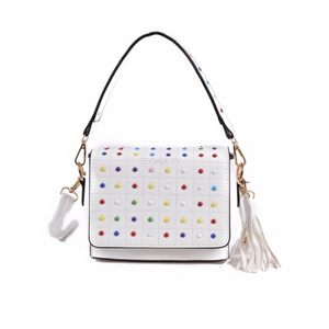 multicoloured studded white bag with tassles edgability