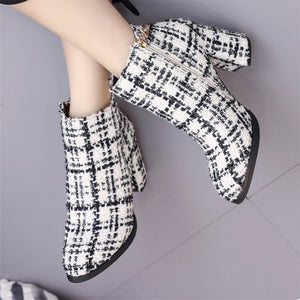 white and black boots tweed boots ankle boots edgability model view