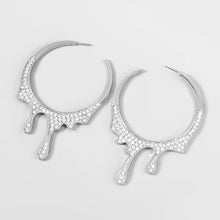 paint drip rhinestone crystal silver hoops earrings top view